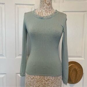 orsay Celadon Green Lettuce Edge Crew Ruffle Neck and sleeve Ribbed Knit Top S